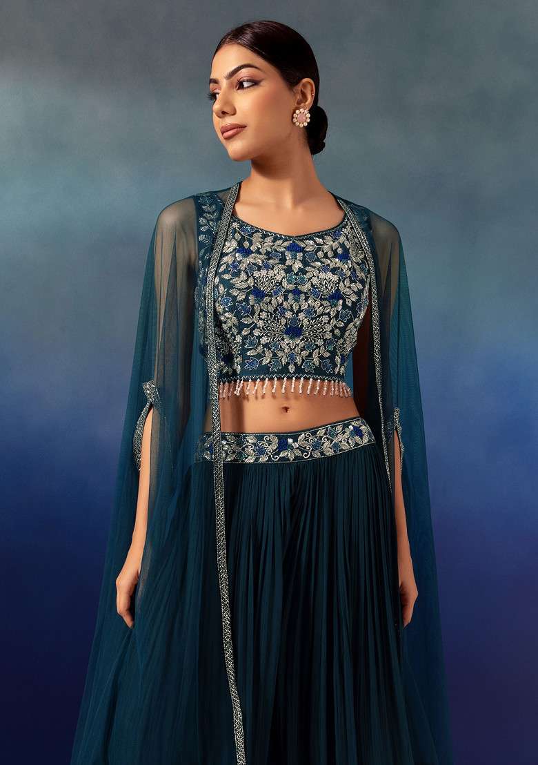 Teal Lehenga Set With Floral Embellished Blouse And Mesh Jacket - Indya