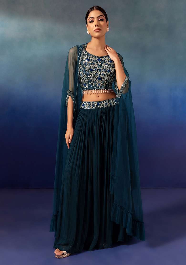 Teal Lehenga Set With Floral Embellished Blouse And Mesh Jacket - Indya