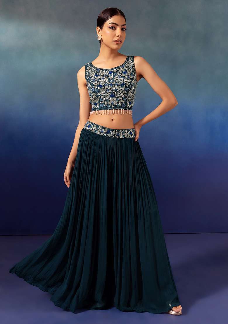 Teal Lehenga Set With Floral Embellished Blouse And Mesh Jacket - Indya