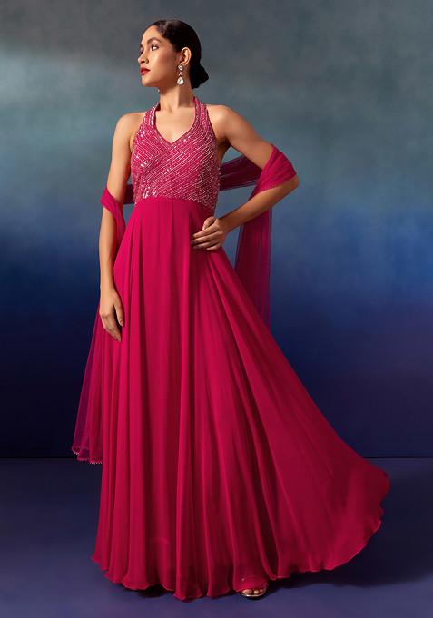 Hot Pink Sequin And Bead Embellished Halter Anarkali Gown With Dupatta