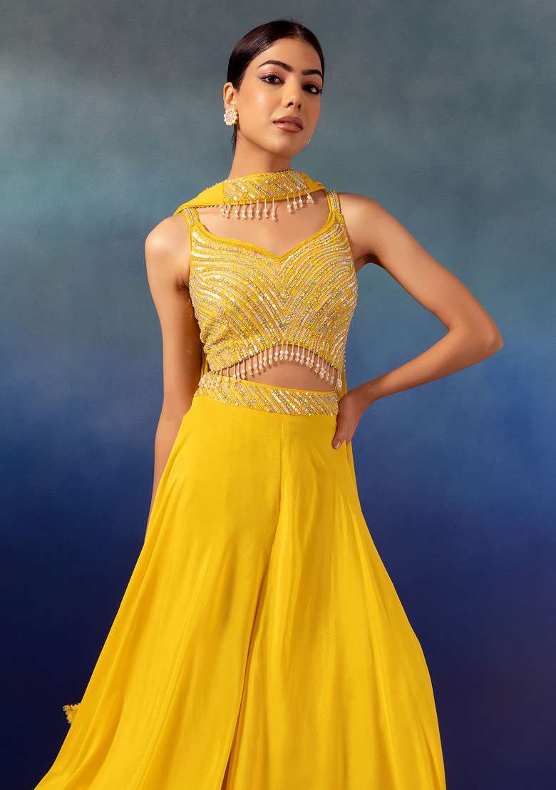 Yellow Palazzo Set With Tonal Sequin Embroidered Blouse And Dupatta - Indya