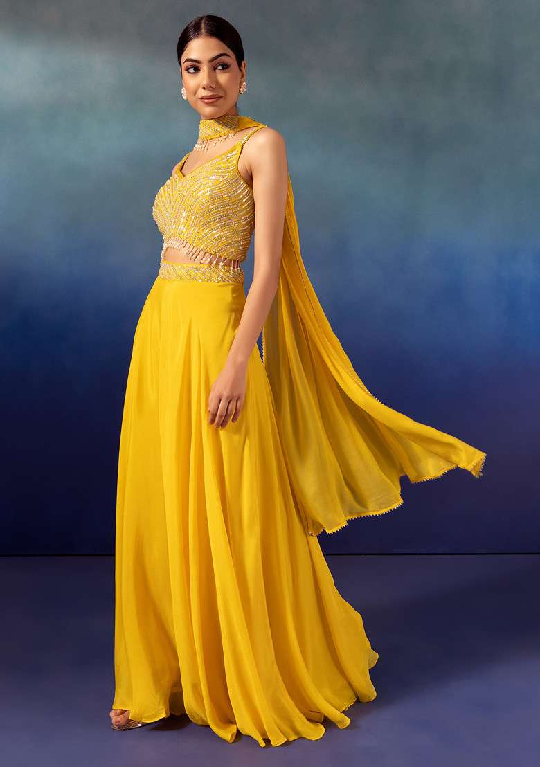 Yellow Palazzo Set With Tonal Sequin Embroidered Blouse And Dupatta - Indya