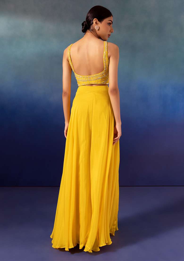 Yellow Palazzo Set With Tonal Sequin Embroidered Blouse And Dupatta - Indya