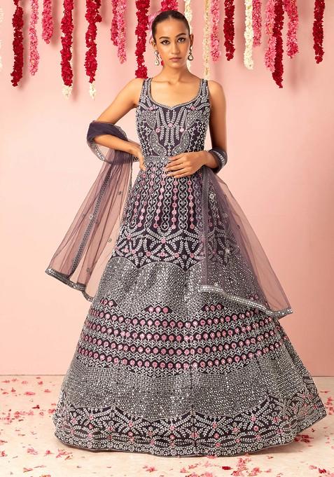 Purple Floral Mirror And Thread Embroidered Anarkali Gown With Dupatta