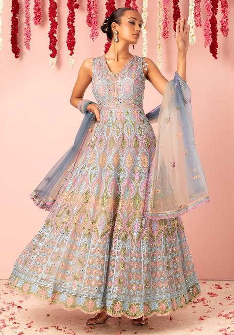 Grey Multicolour Mirror And Thread Paisley Embroidered Anarkali Gown With Dupatta