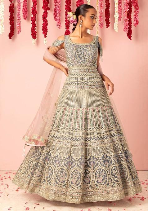 Grey Sequin And Zari Mughal Embroidered Anarkali Gown With Dupatta