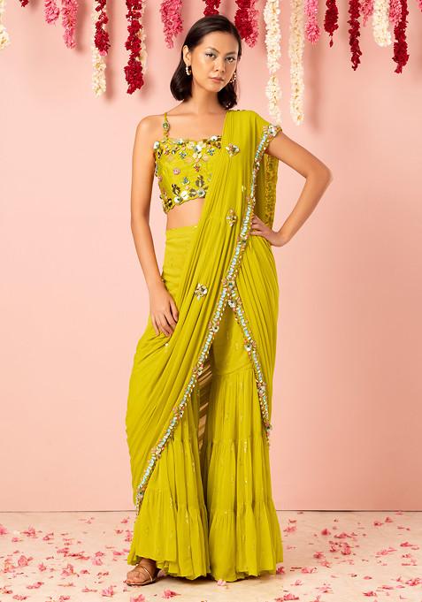 Green Sharara Set With Mirror Embellished Blouse And Attached Drape