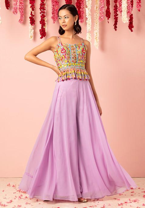 Buy Women Lavender Sharara Set With Multicolour Embroidered Peplum Top ...