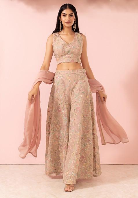 Pastel Pink Floral Thread Embroidered Sharara Set With Blouse And Dupatta