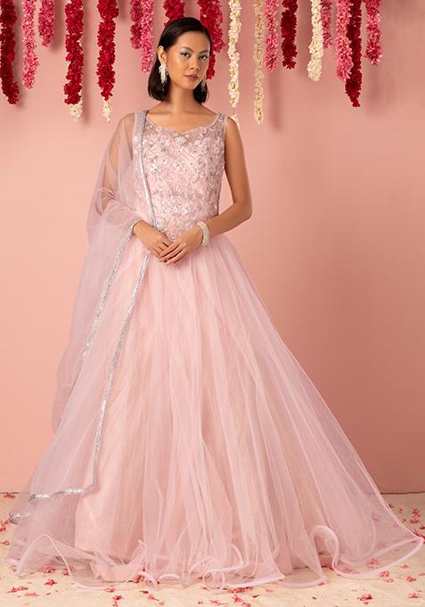Powder Pink Glitter Embellished Mesh Anarkali Gown With Dupatta