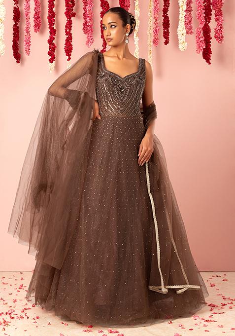 Rusty Rose Glitter Embellished Mesh Anarkali Gown With Dupatta