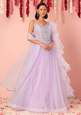 Lilac Glitter Embellished Anarkali Gown With Attached Dupatta