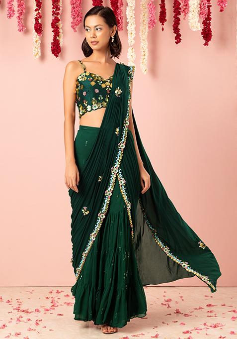 Dark Green Sharara Set With Mirror Embellished Blouse And Attached Drape