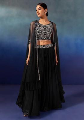 Black Lehenga Set With Floral Embellished Blouse And Mesh Jacket