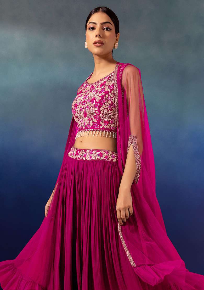 Hot Pink Lehenga Set With Floral Embellished Blouse And Mesh Jacket - Indya