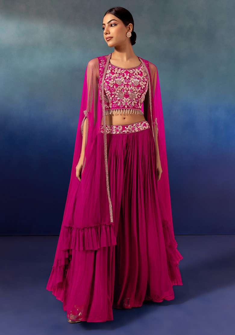Hot Pink Lehenga Set With Floral Embellished Blouse And Mesh Jacket - Indya