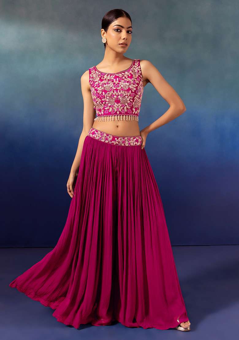Hot Pink Lehenga Set With Floral Embellished Blouse And Mesh Jacket - Indya