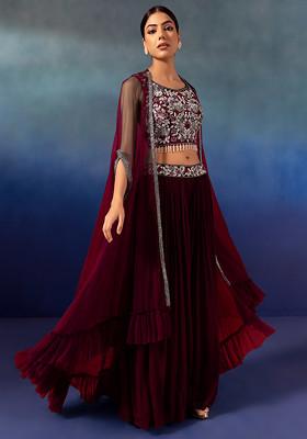 Deep Maroon Lehenga Set With Floral Embellished Blouse And Mesh Jacket
