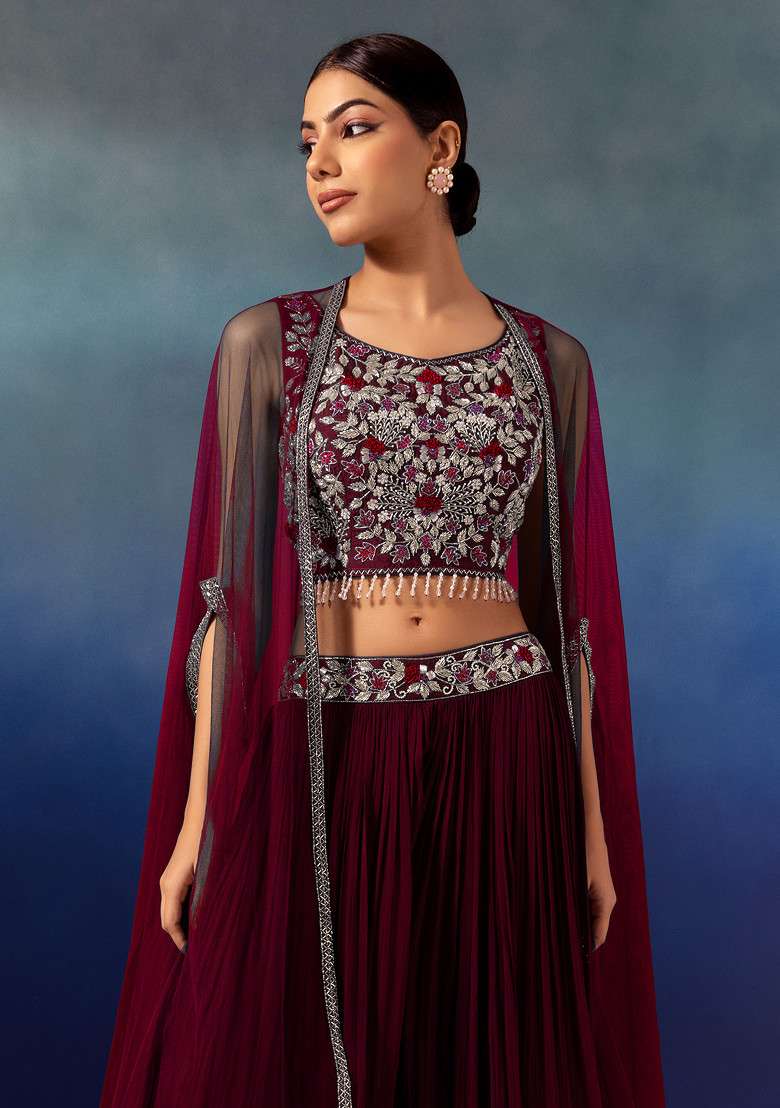Deep Maroon Lehenga Set With Floral Embellished Blouse And Mesh Jacket - Indya