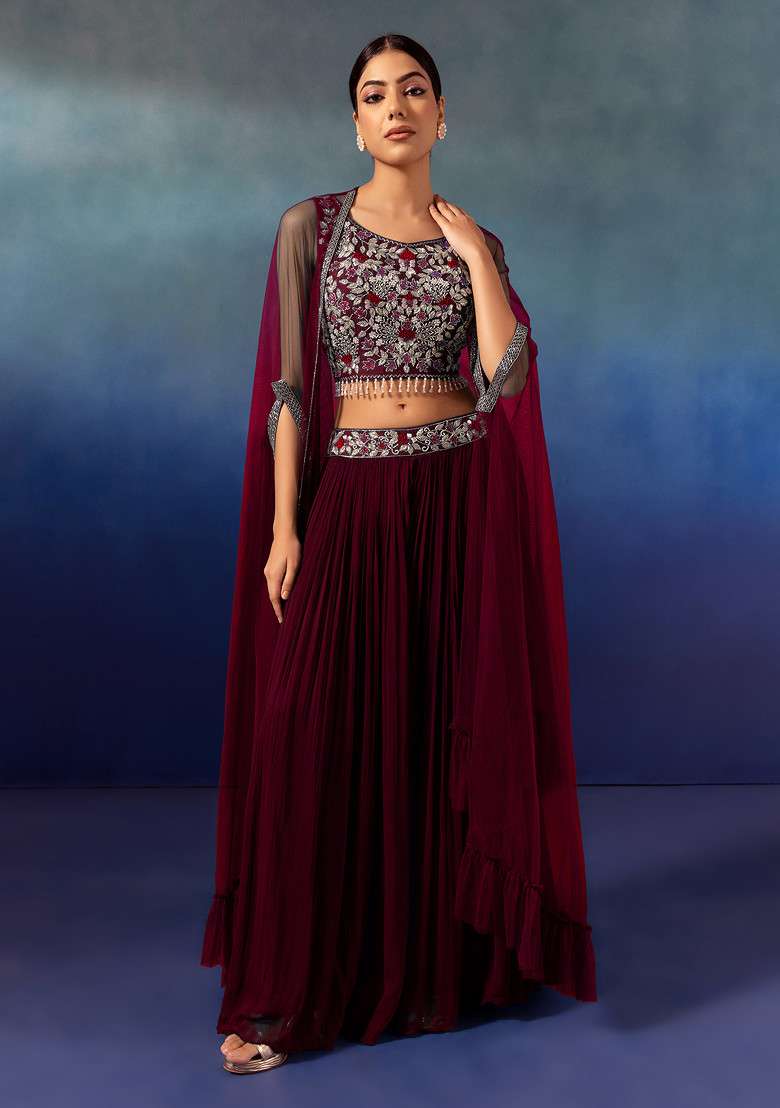 Deep Maroon Lehenga Set With Floral Embellished Blouse And Mesh Jacket - Indya