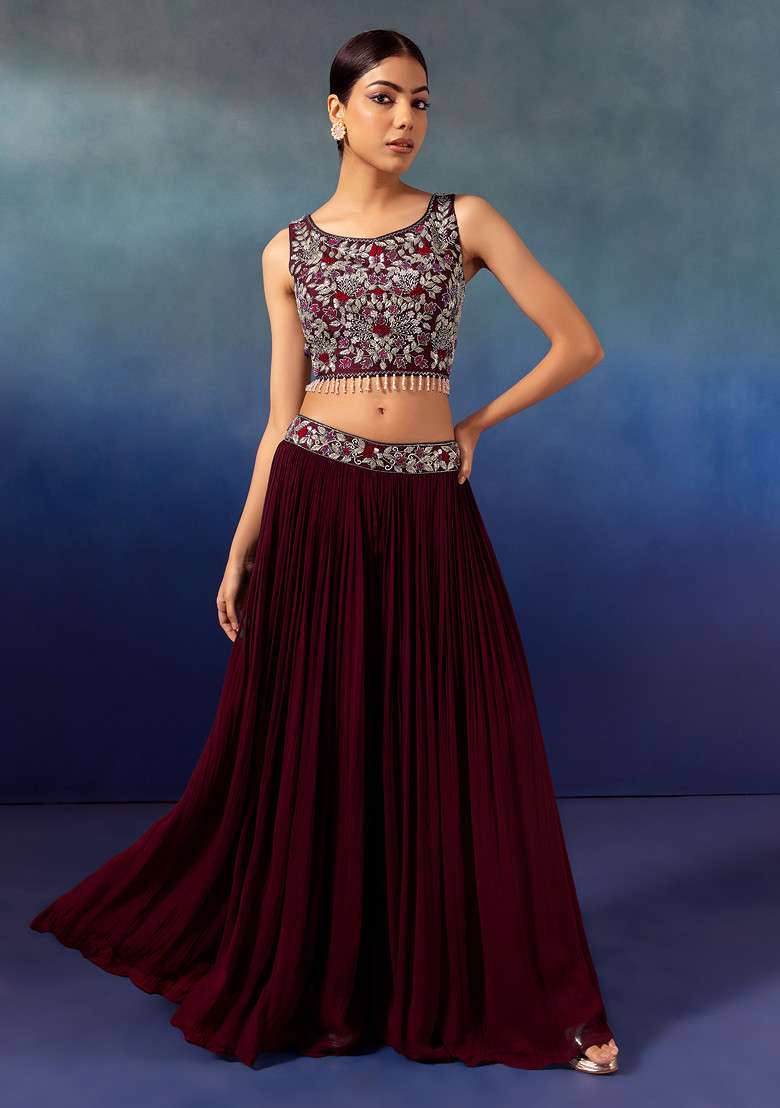 Deep Maroon Lehenga Set With Floral Embellished Blouse And Mesh Jacket - Indya