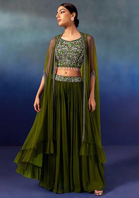 Olive Lehenga Set With Floral Embellished Blouse And Mesh Jacket