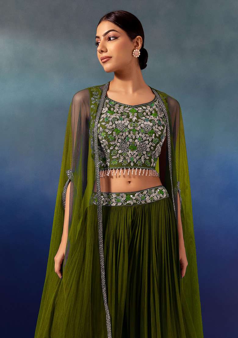 Olive Lehenga Set With Floral Embellished Blouse And Mesh Jacket - Indya