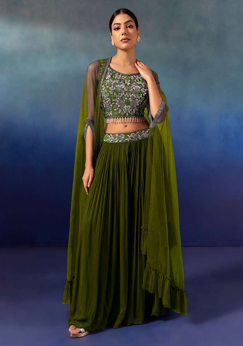 Olive Lehenga Set With Floral Embellished Blouse And Mesh Jacket - Indya