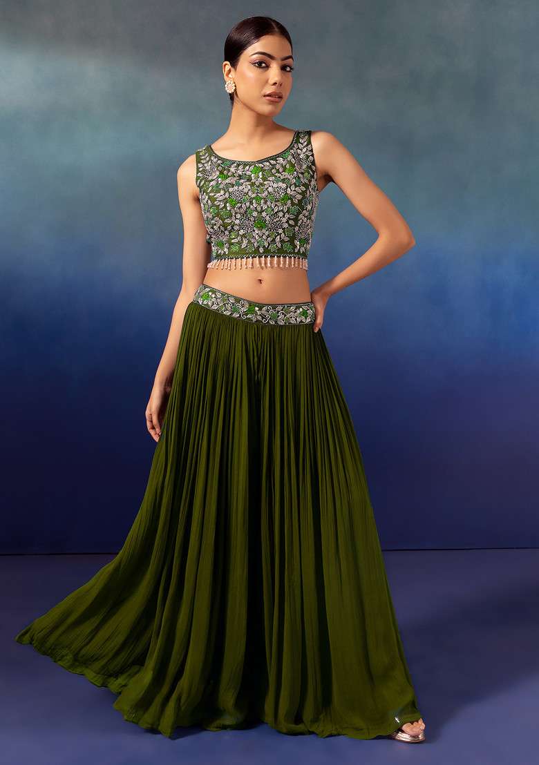 Olive Lehenga Set With Floral Embellished Blouse And Mesh Jacket - Indya