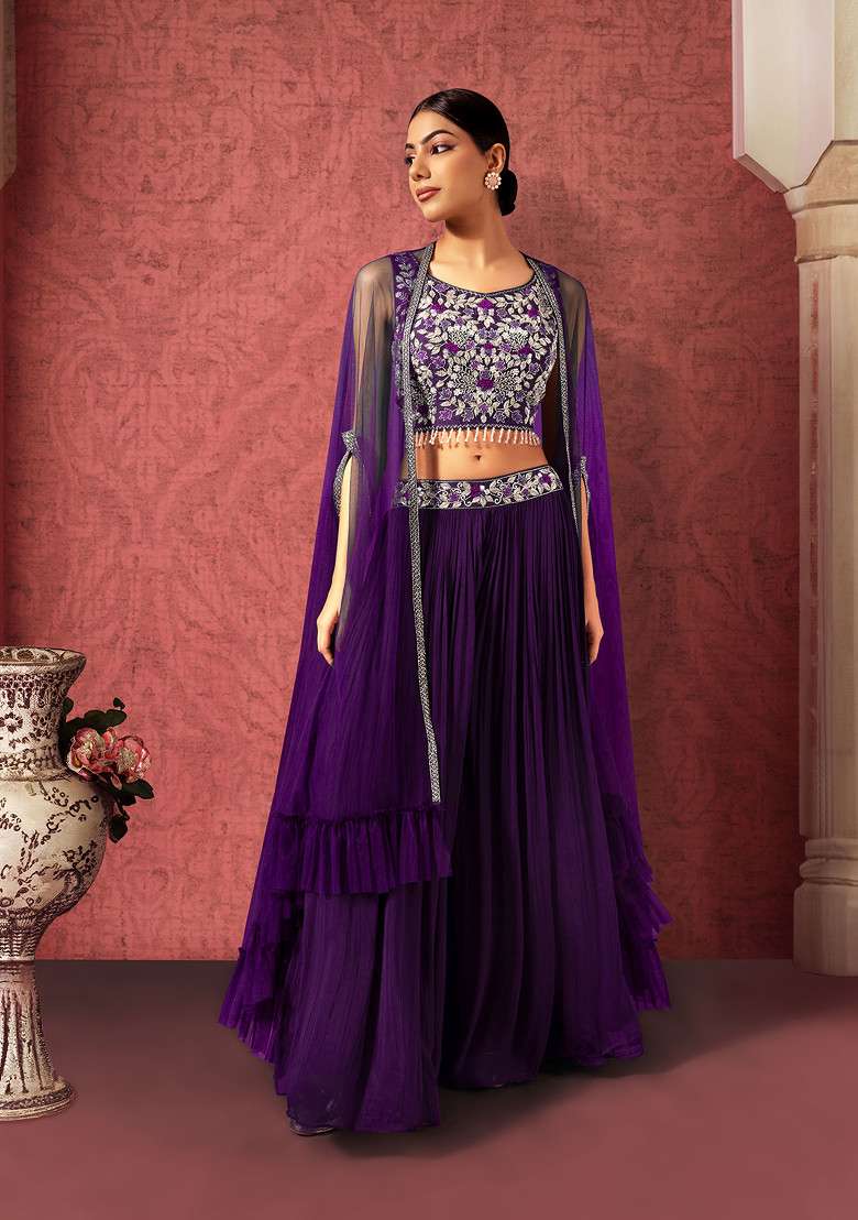 Purple Lehenga Set With Floral Embellished Blouse And Mesh Jacket - Indya