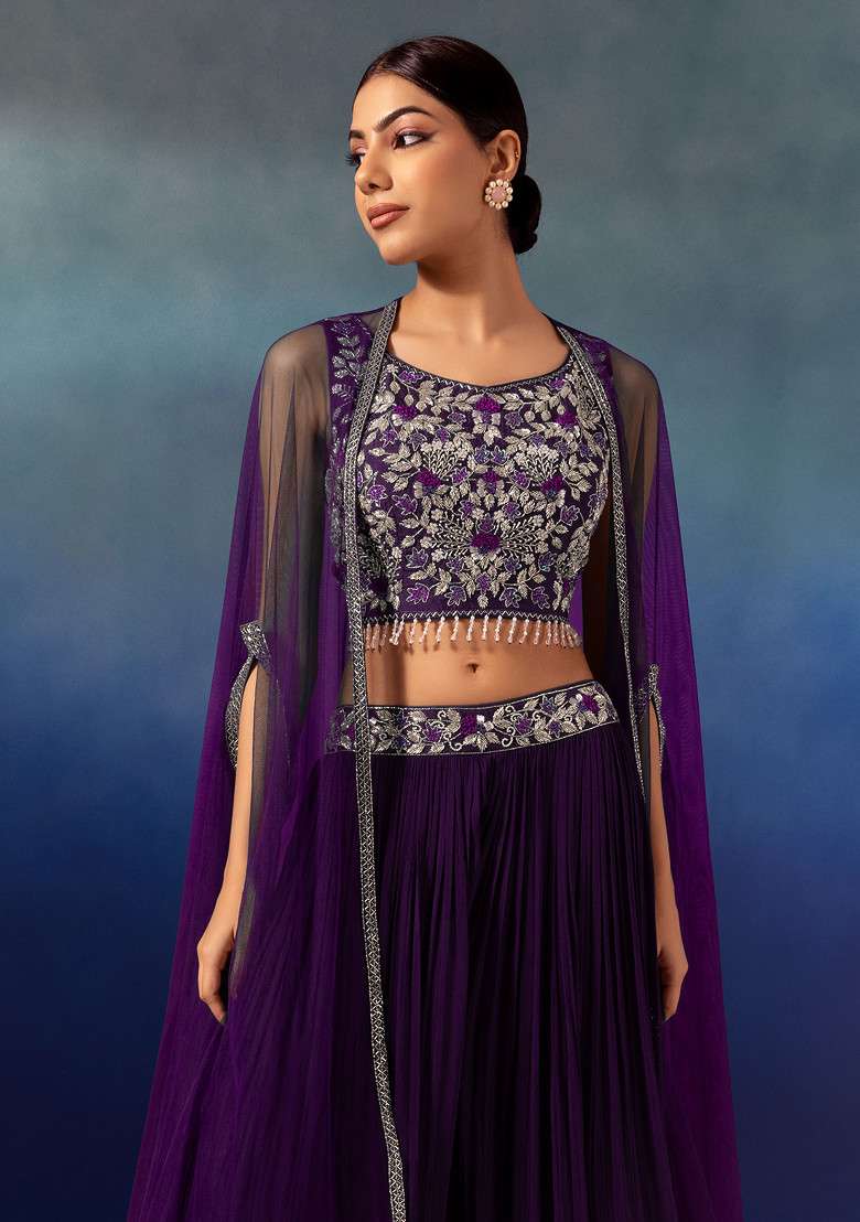 Purple Lehenga Set With Floral Embellished Blouse And Mesh Jacket - Indya