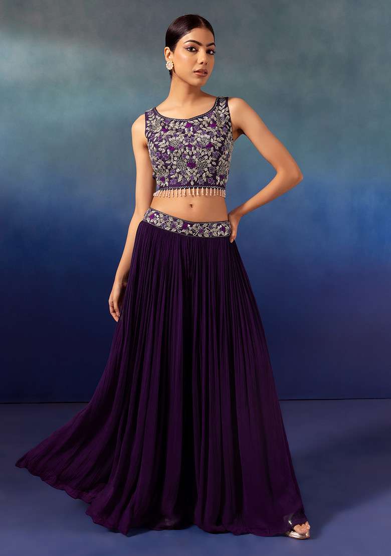 Purple Lehenga Set With Floral Embellished Blouse And Mesh Jacket - Indya
