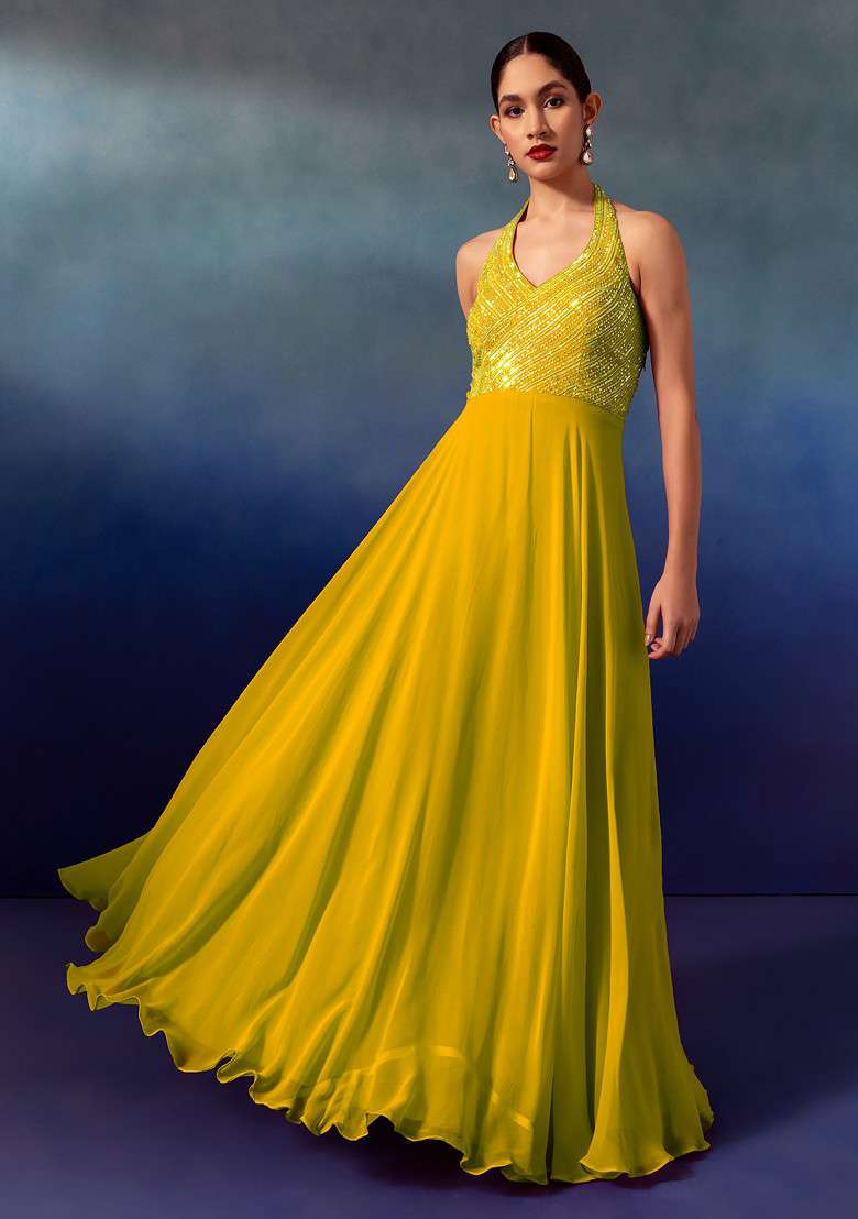 Yellow Sequin And Bead Embellished Halter Anarkali Gown With Dupatta - Indya