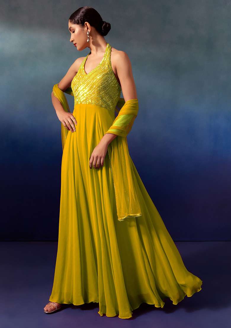 Yellow Sequin And Bead Embellished Halter Anarkali Gown With Dupatta - Indya