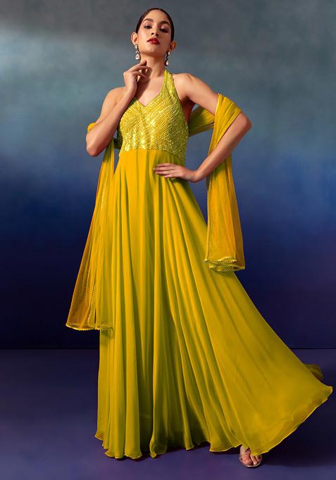 Yellow Sequin And Bead Embellished Halter Anarkali Gown With Dupatta