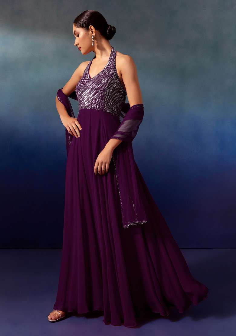 Purple Sequin And Bead Embellished Halter Anarkali Gown With Dupatta - Indya