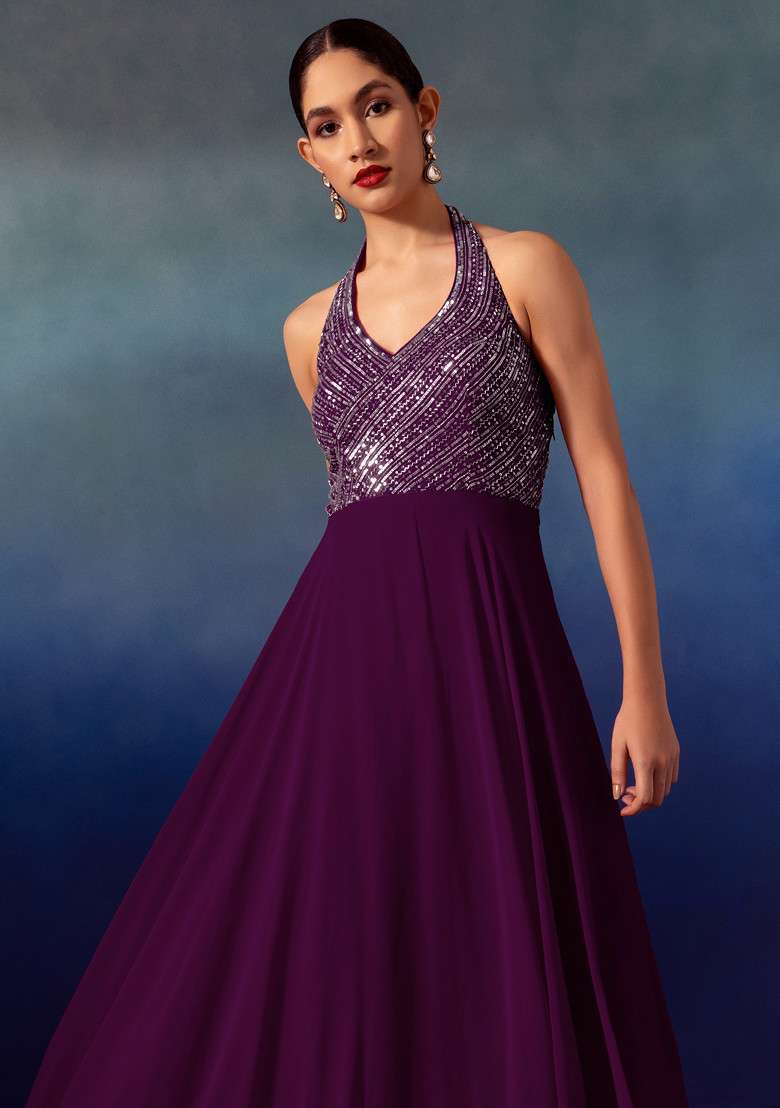 Purple Sequin And Bead Embellished Halter Anarkali Gown With Dupatta - Indya