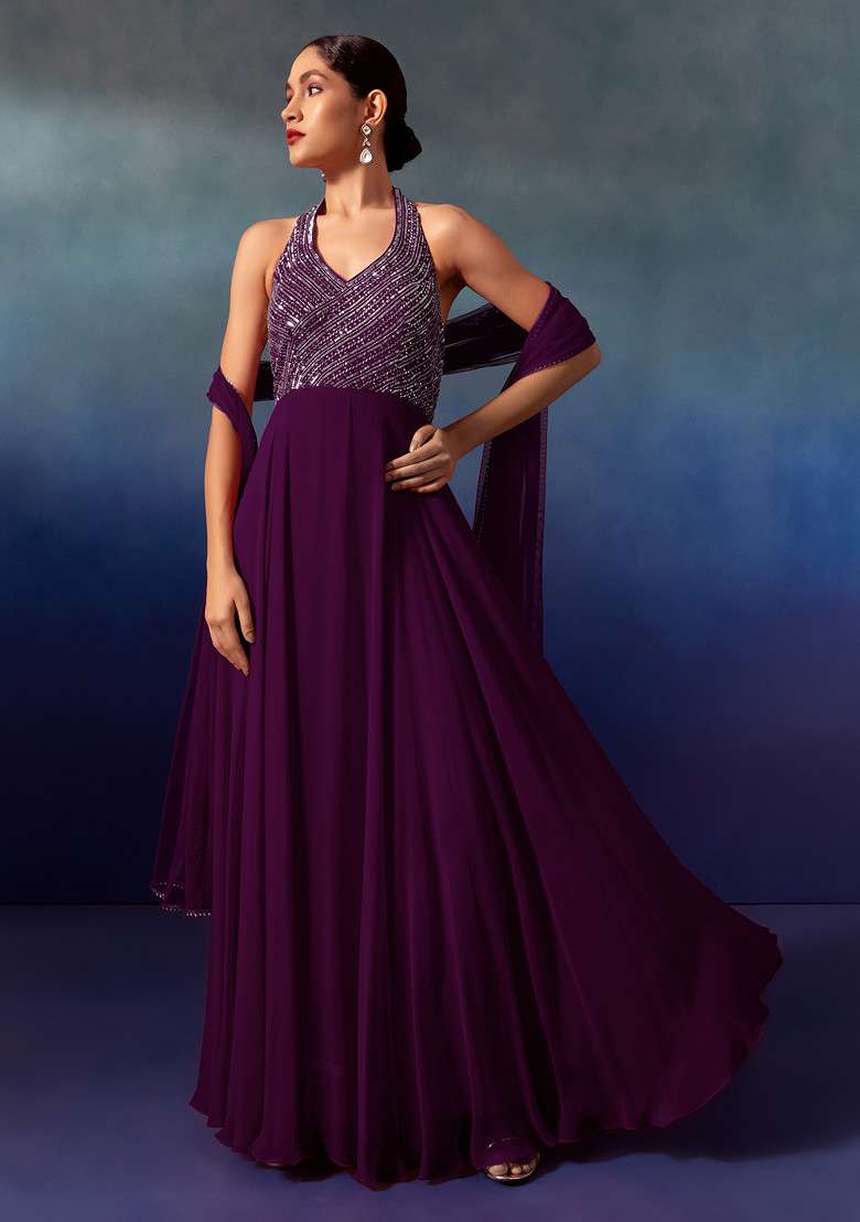 Purple Sequin And Bead Embellished Halter Anarkali Gown With Dupatta - Indya