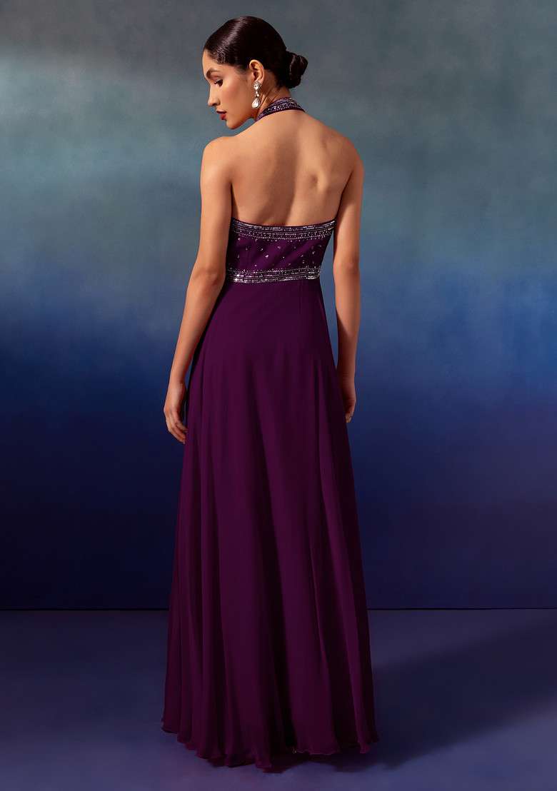 Purple Sequin And Bead Embellished Halter Anarkali Gown With Dupatta - Indya