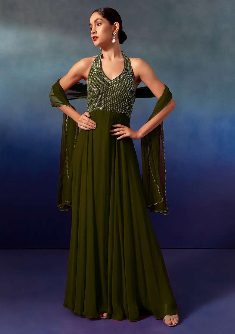 Olive Sequin And Bead Embellished Halter Anarkali Gown With Dupatta - Indya