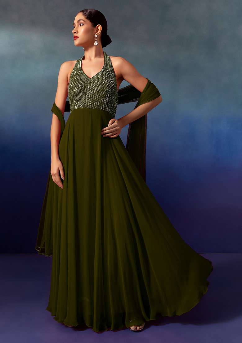 Olive Sequin And Bead Embellished Halter Anarkali Gown With Dupatta - Indya