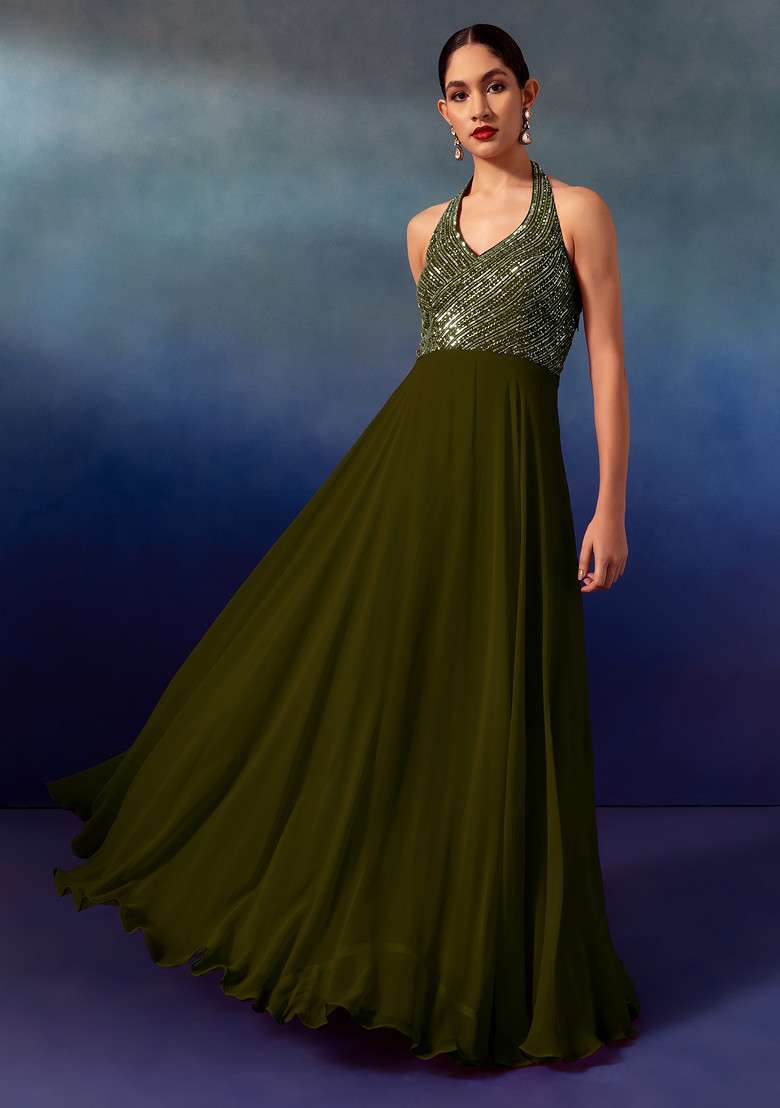 Olive Sequin And Bead Embellished Halter Anarkali Gown With Dupatta - Indya