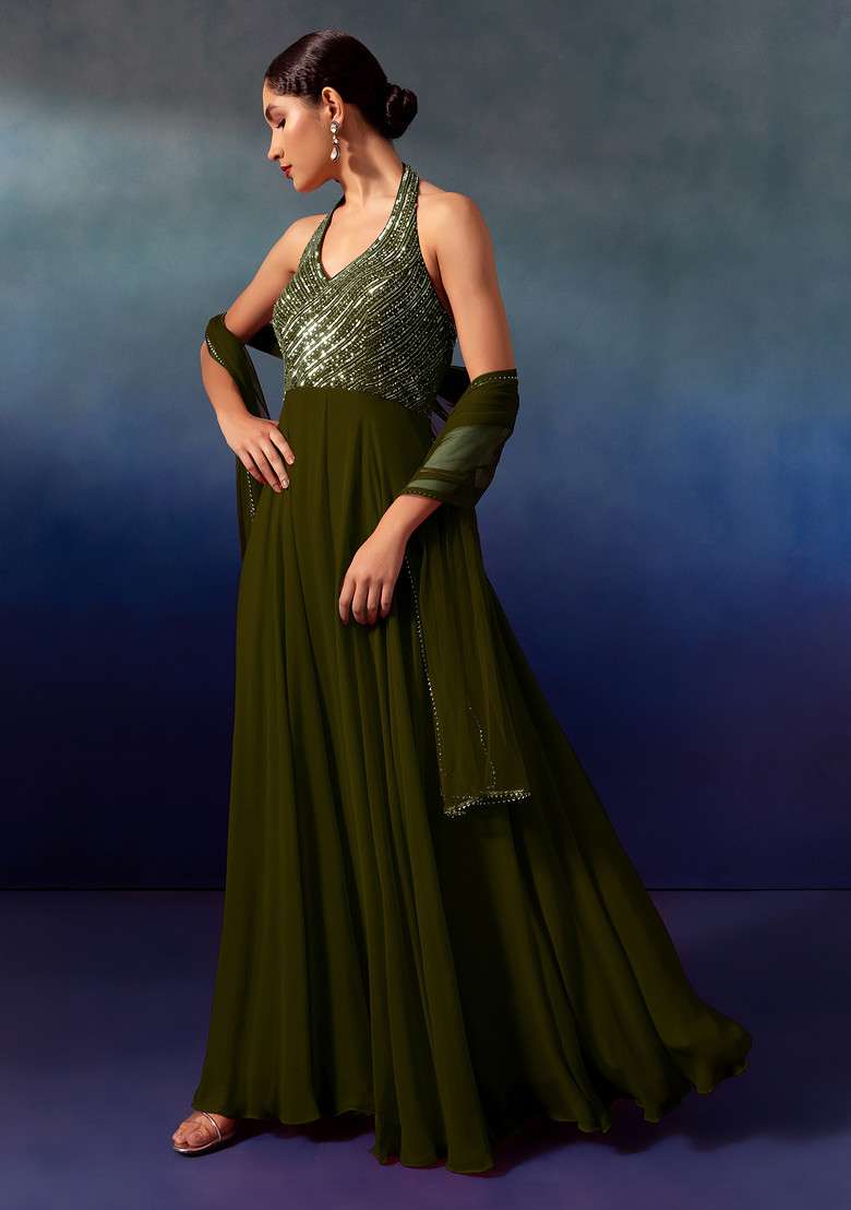 Olive Sequin And Bead Embellished Halter Anarkali Gown With Dupatta - Indya