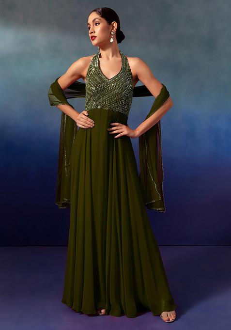 Olive Sequin And Bead Embellished Halter Anarkali Gown With Dupatta