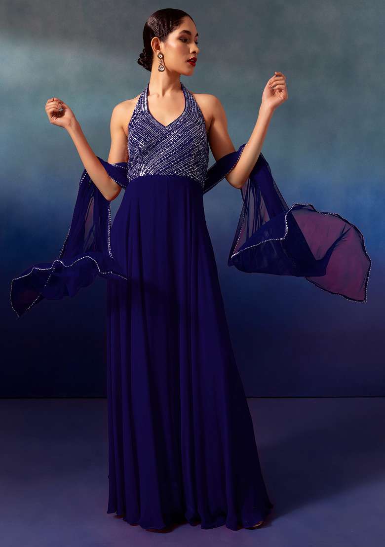Navy Blue Sequin And Bead Embellished Halter Anarkali Gown With Dupatta - Indya