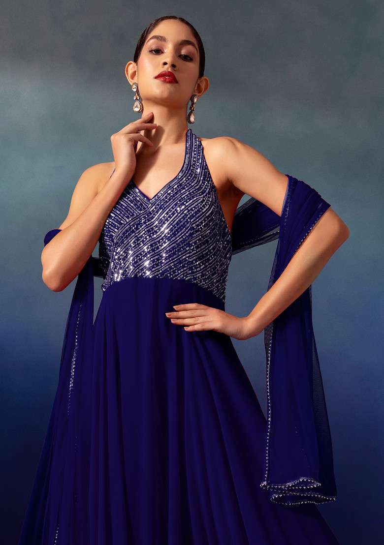 Navy Blue Sequin And Bead Embellished Halter Anarkali Gown With Dupatta - Indya