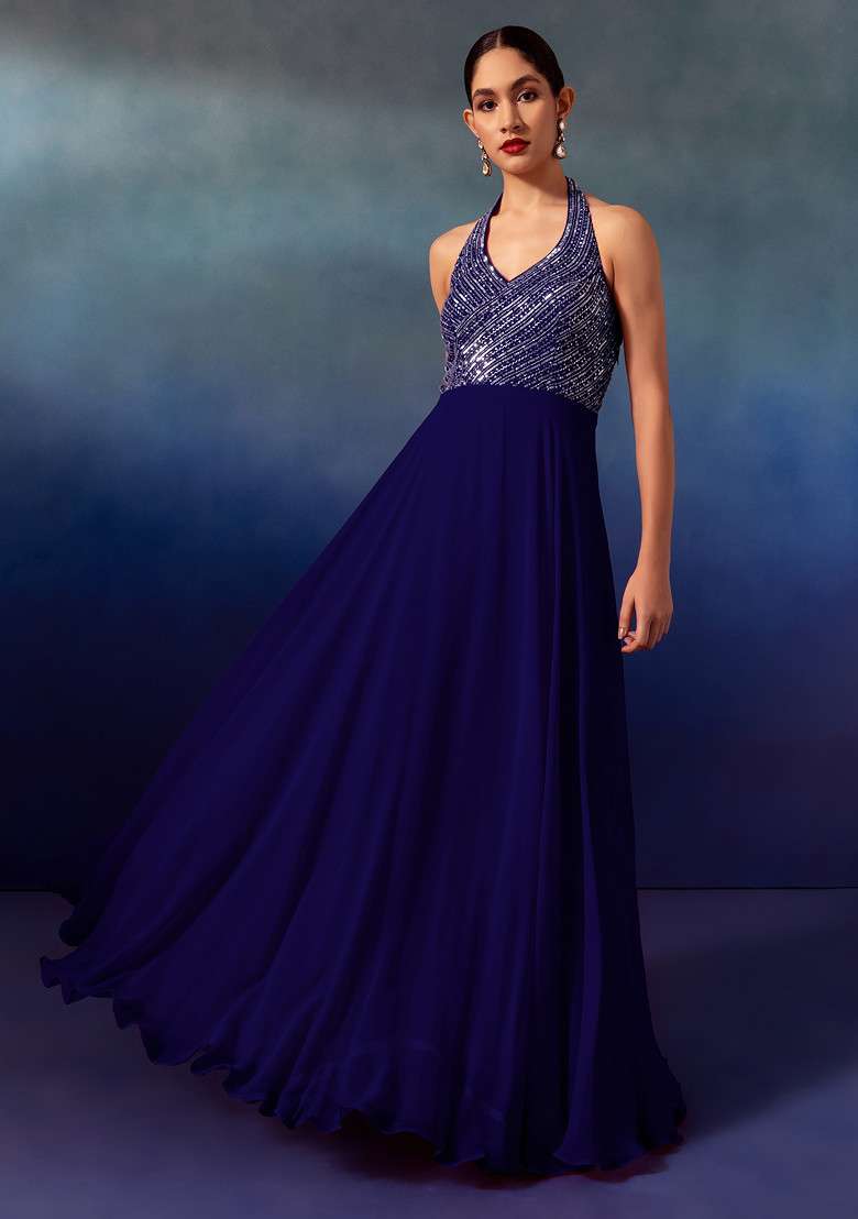 Navy Blue Sequin And Bead Embellished Halter Anarkali Gown With Dupatta - Indya