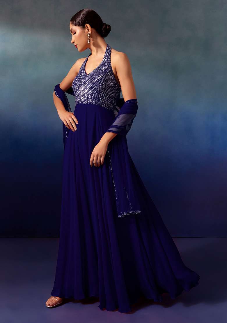 Navy Blue Sequin And Bead Embellished Halter Anarkali Gown With Dupatta - Indya