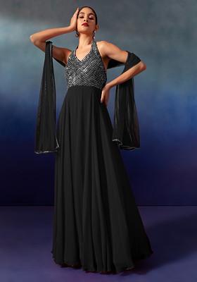 Black Sequin And Bead Embellished Halter Anarkali Gown With Dupatta