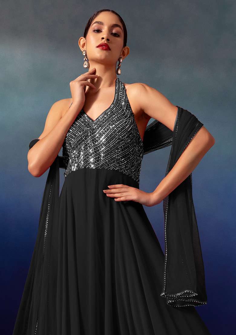 Black Sequin And Bead Embellished Halter Anarkali Gown With Dupatta - Indya